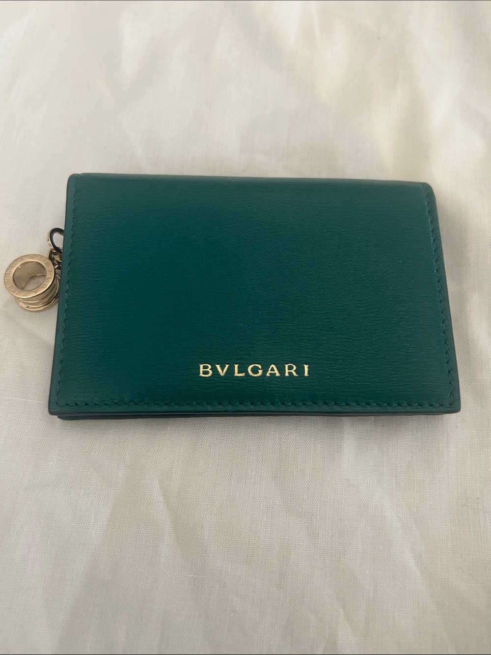 Bvlgari Teal and Dark Green B Zero 1 Leather Card Holder with Gold Charm